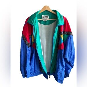 Vintage 80s Casual Isle Nylon Track Jacket Windbreaker Color-block Aztec Trim